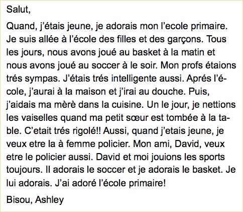 Email to a friend Diary entry 100-200 words in French - Ashley